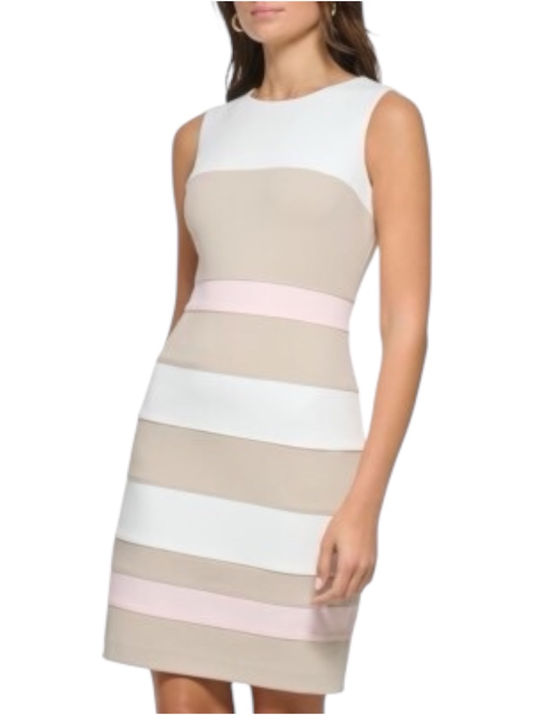 Tommy Hilfiger Colorblock Scuba-Crepe Sheath Dress - Ivory/Pink/Tan Size 2